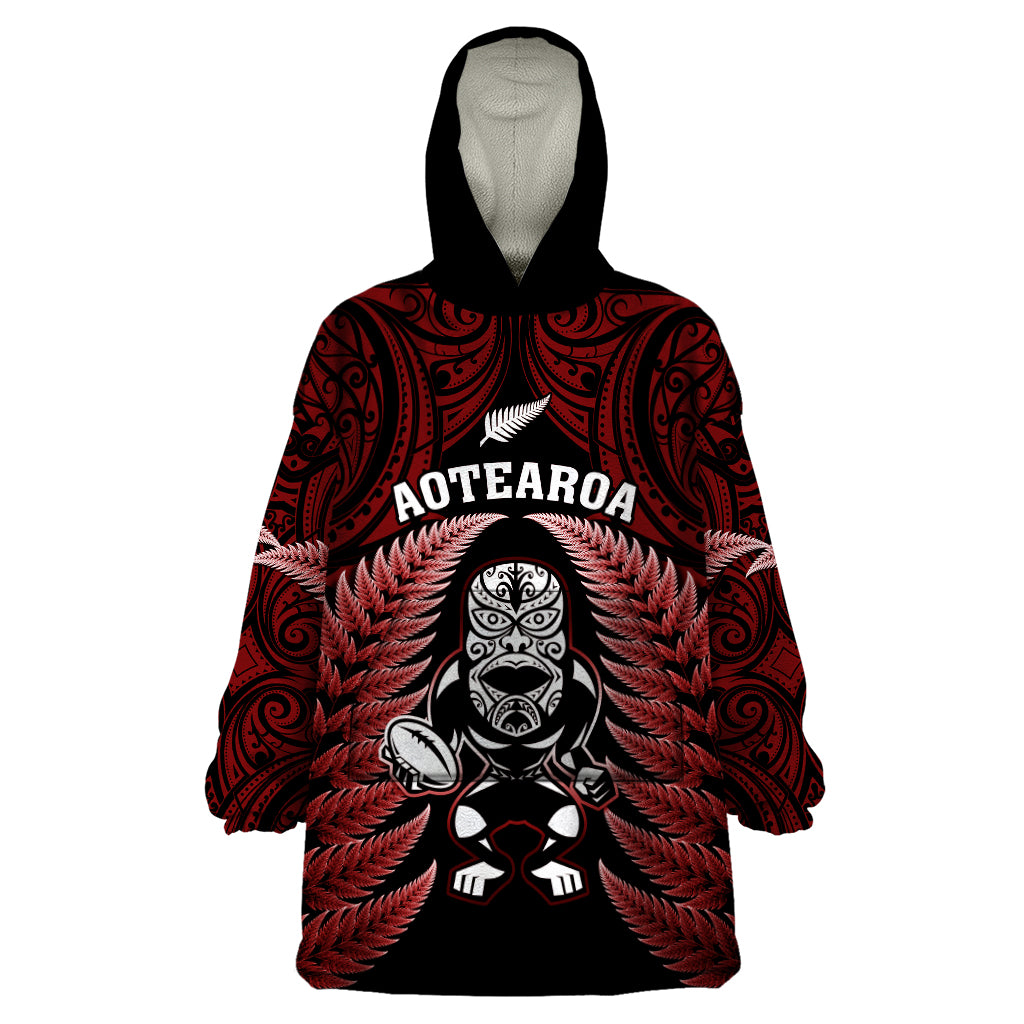 New Zealand Aotearoa Rugby Wearable Blanket Hoodie NZ Tiki With Maori Fern World Cup Red Version - Vibe Hoodie Shop