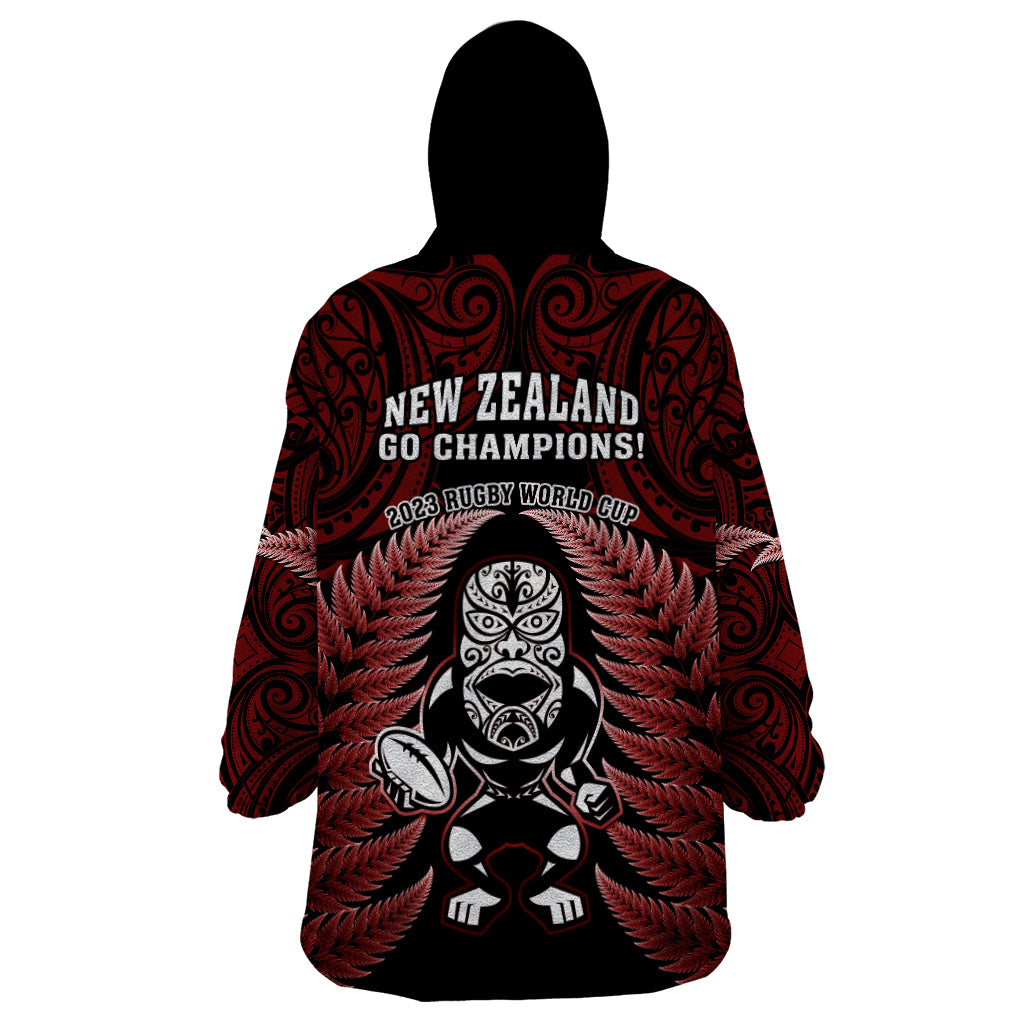 New Zealand Aotearoa Rugby Wearable Blanket Hoodie NZ Tiki With Maori Fern World Cup Red Version - Vibe Hoodie Shop