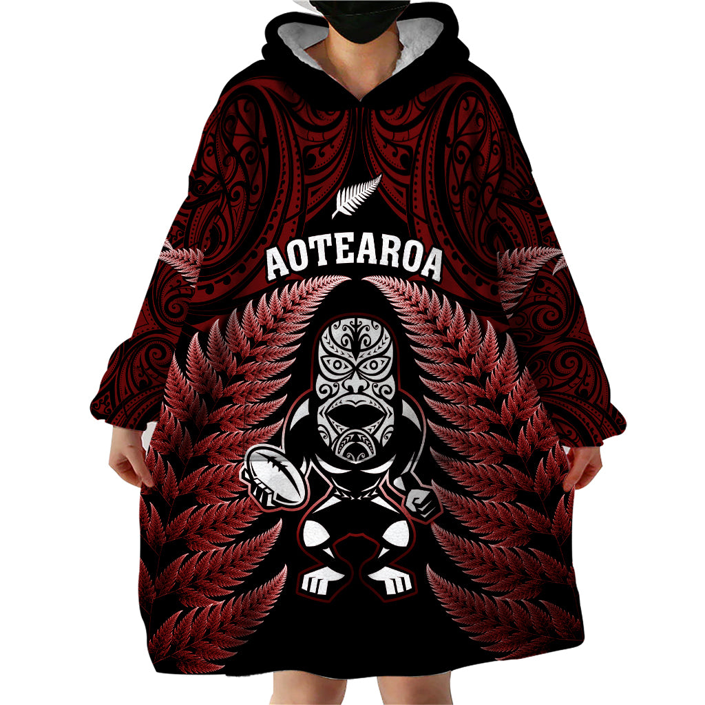 New Zealand Aotearoa Rugby Wearable Blanket Hoodie NZ Tiki With Maori Fern World Cup Red Version - Vibe Hoodie Shop