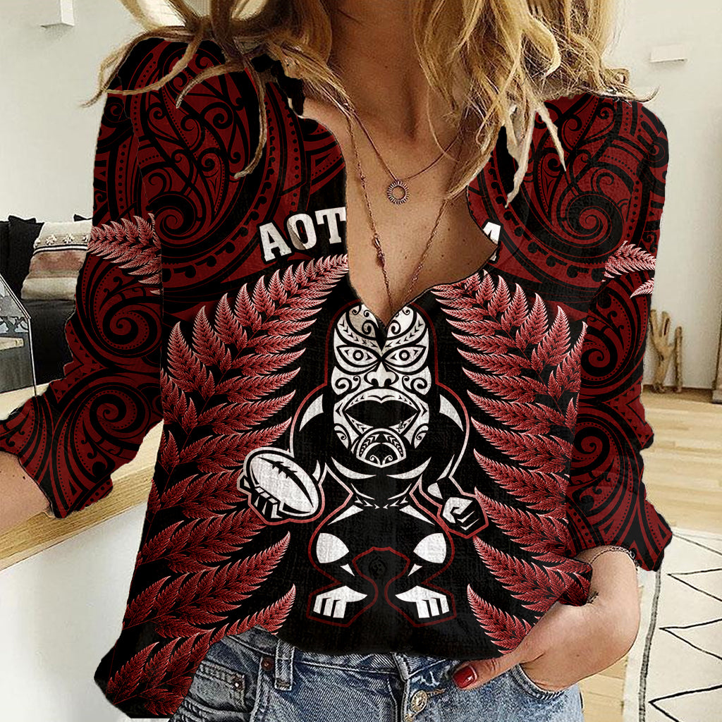 New Zealand Aotearoa Rugby Women Casual Shirt NZ Tiki With Maori Fern World Cup Red Version - Vibe Hoodie Shop