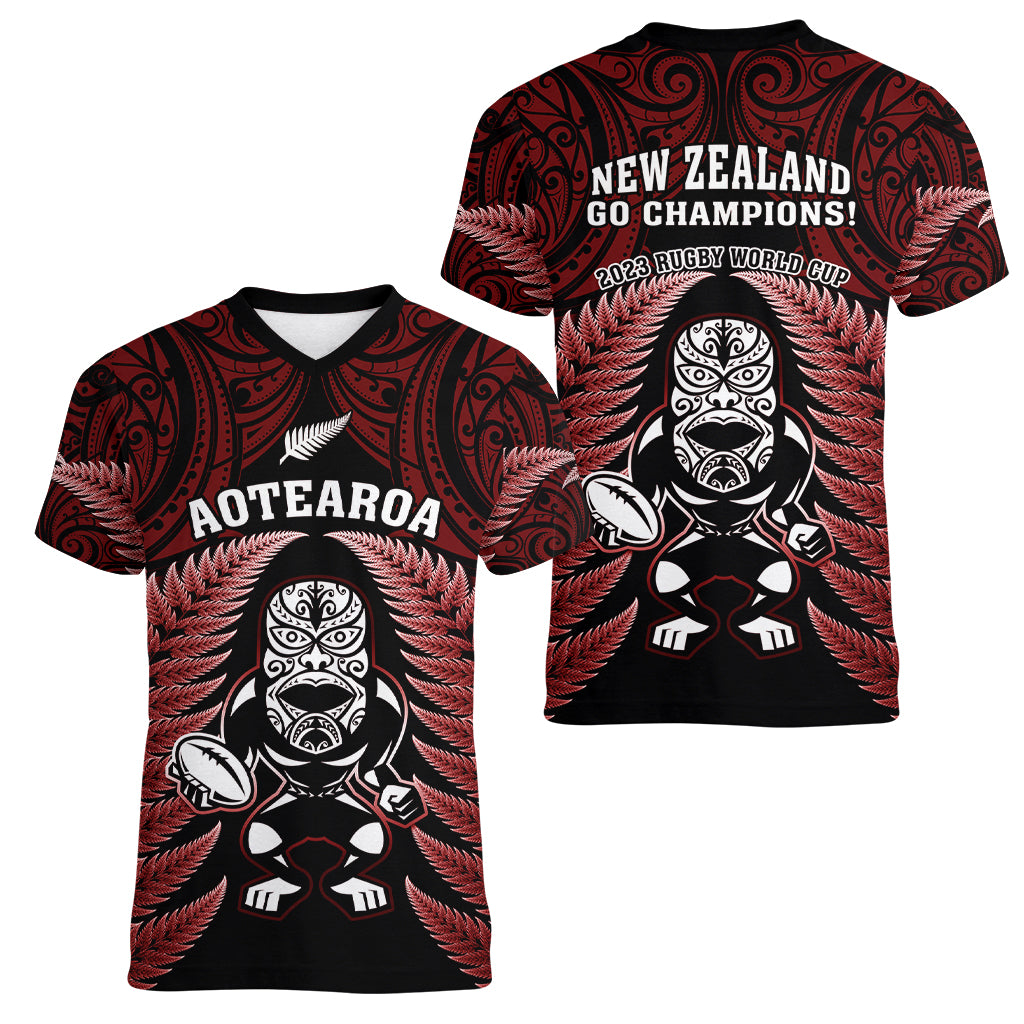 New Zealand Aotearoa Rugby Women V Neck T Shirt NZ Tiki With Maori Fern World Cup Red Version - Vibe Hoodie Shop