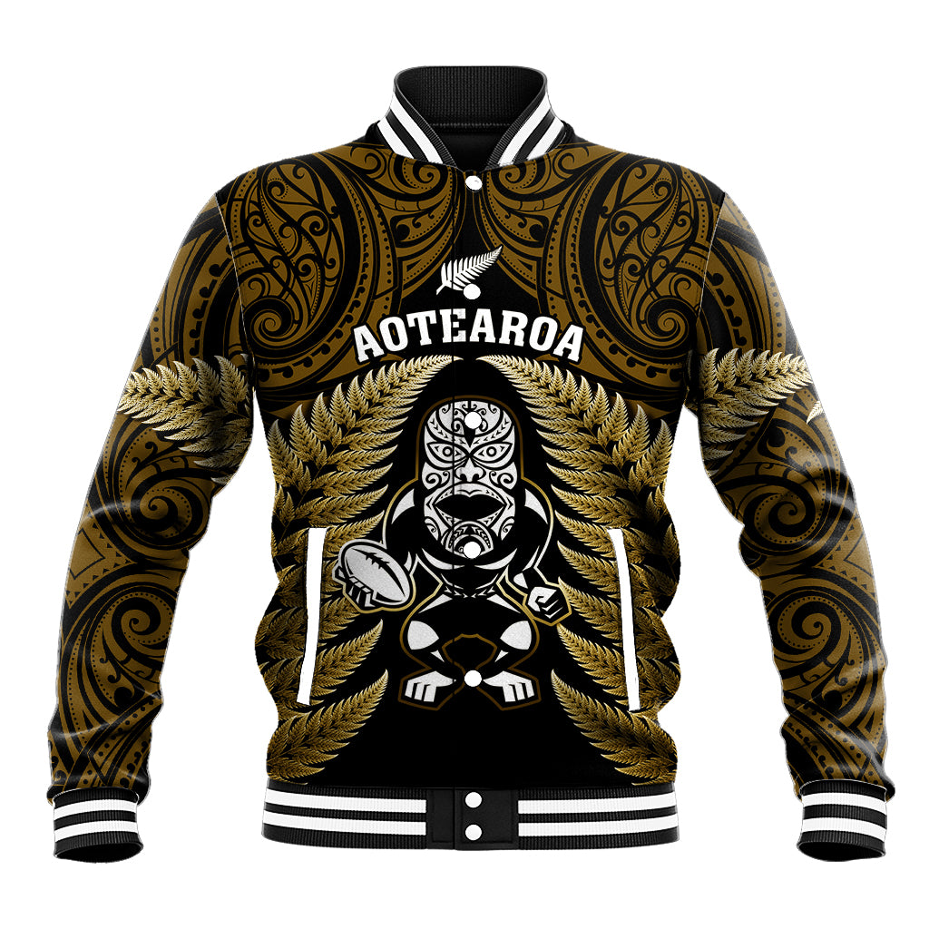 New Zealand Aotearoa Rugby Baseball Jacket NZ Tiki With Maori Fern World Cup Gold Version - Vibe Hoodie Shop