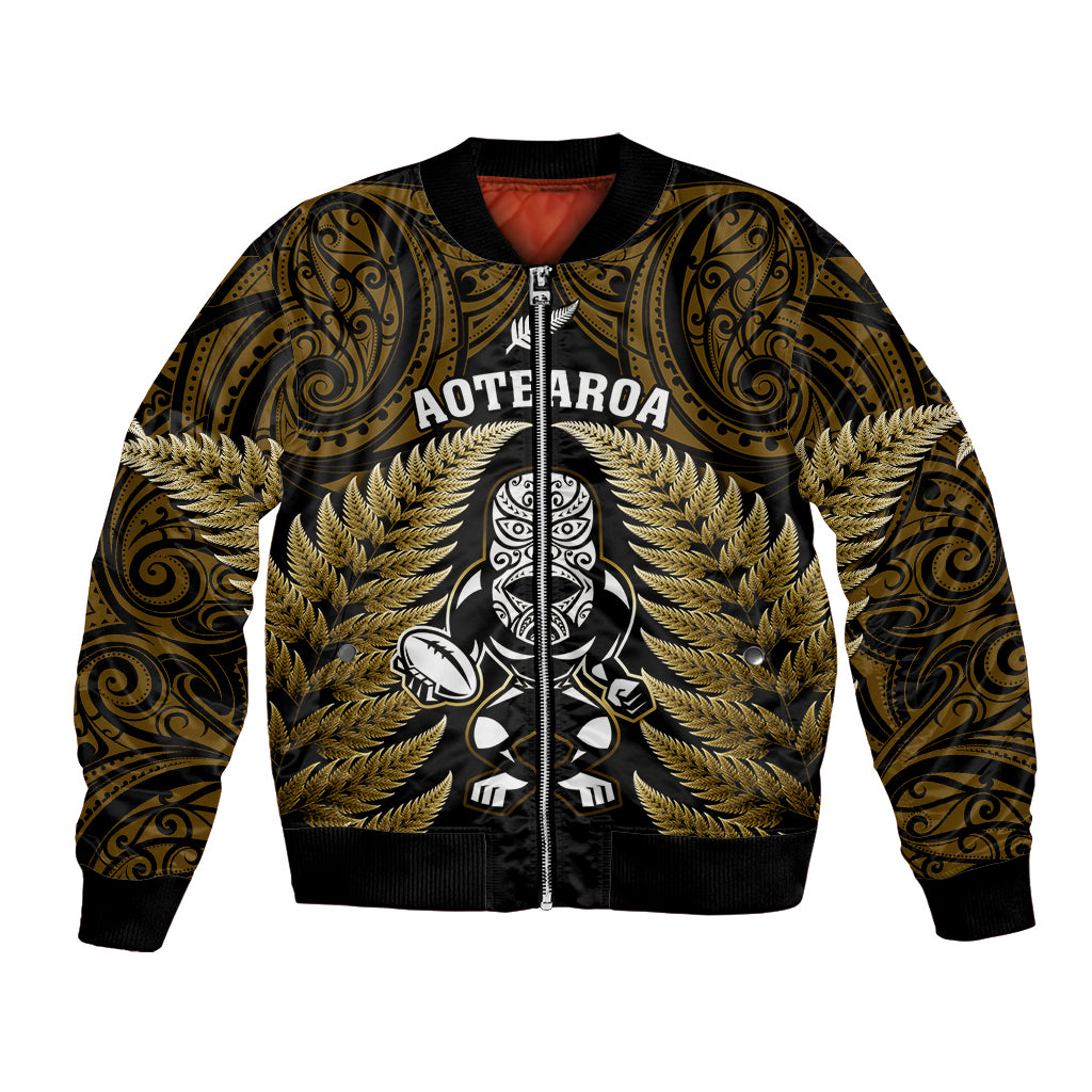 New Zealand Aotearoa Rugby Bomber Jacket NZ Tiki With Maori Fern World Cup Gold Version - Vibe Hoodie Shop
