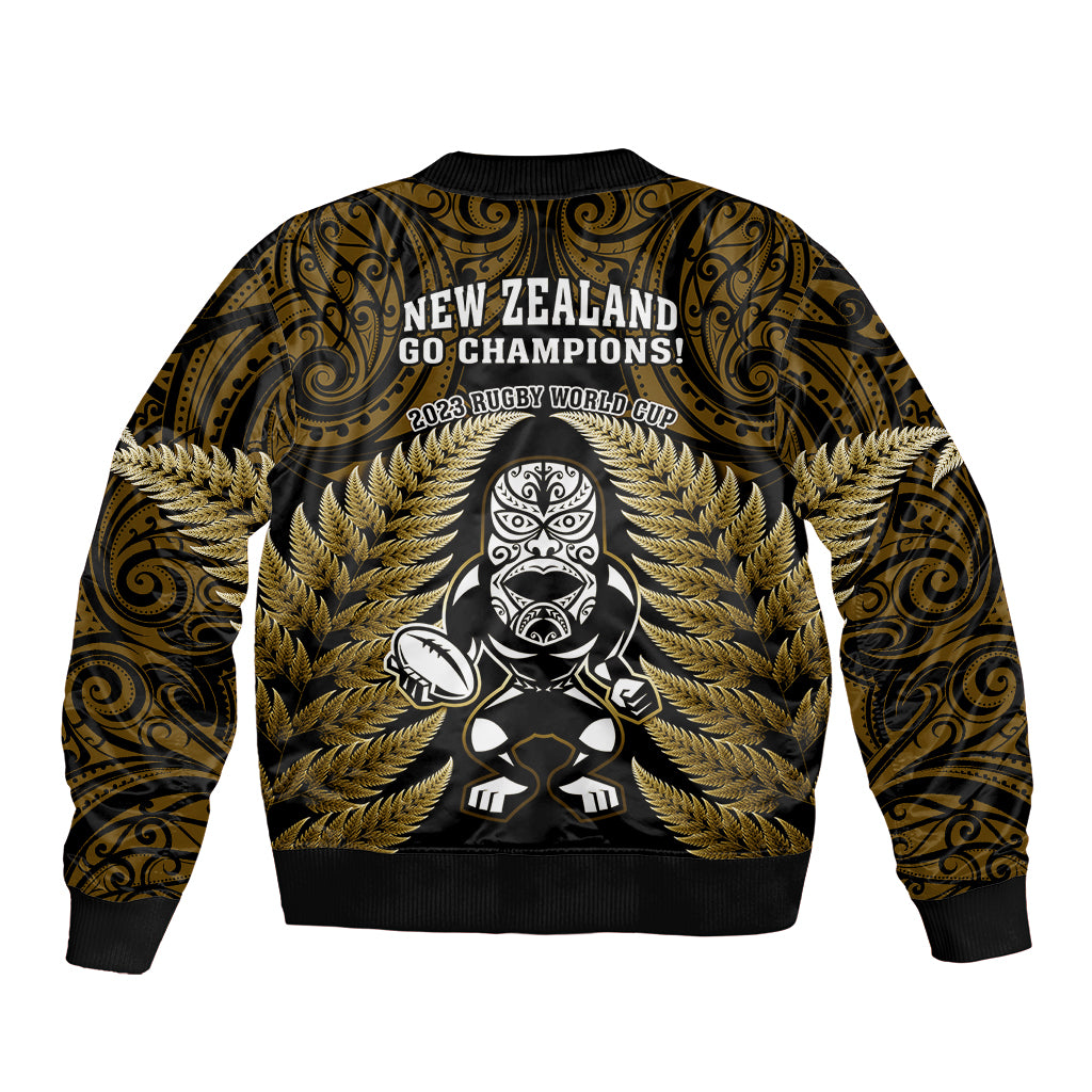 New Zealand Aotearoa Rugby Bomber Jacket NZ Tiki With Maori Fern World Cup Gold Version - Vibe Hoodie Shop