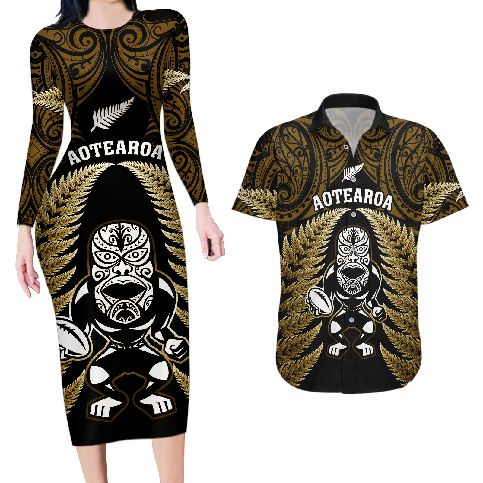 new-zealand-aotearoa-rugby-couples-matching-long-sleeve-bodycon-dress-and-hawaiian-shirt-nz-tiki-with-maori-fern-world-cup-gold-version