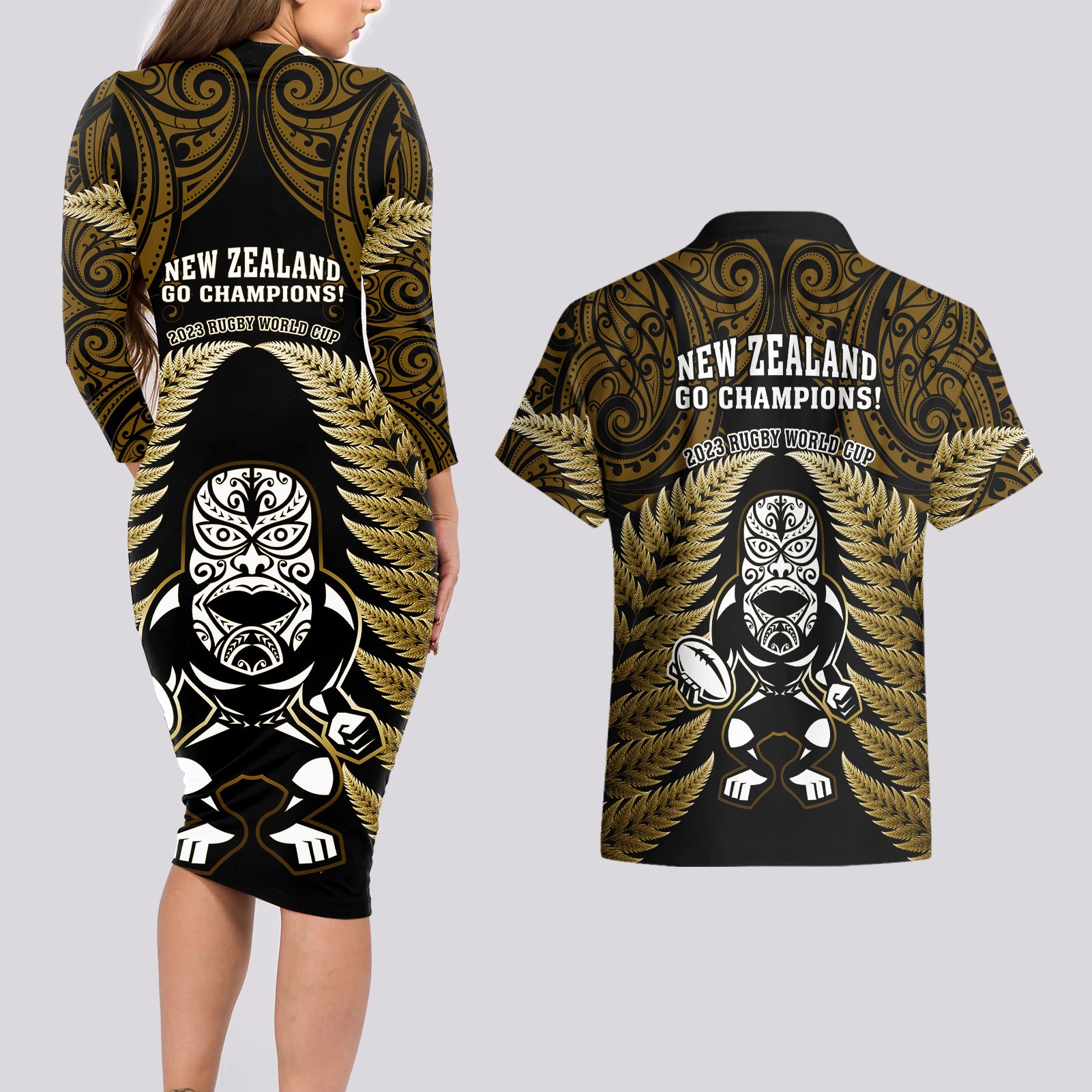 new-zealand-aotearoa-rugby-couples-matching-long-sleeve-bodycon-dress-and-hawaiian-shirt-nz-tiki-with-maori-fern-world-cup-gold-version