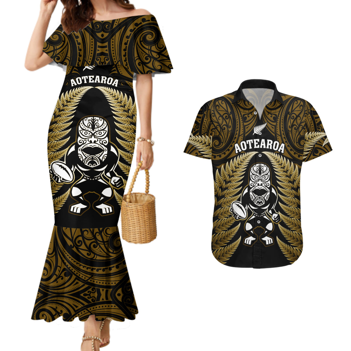 new-zealand-aotearoa-rugby-couples-matching-mermaid-dress-and-hawaiian-shirt-nz-tiki-with-maori-fern-world-cup-gold-version