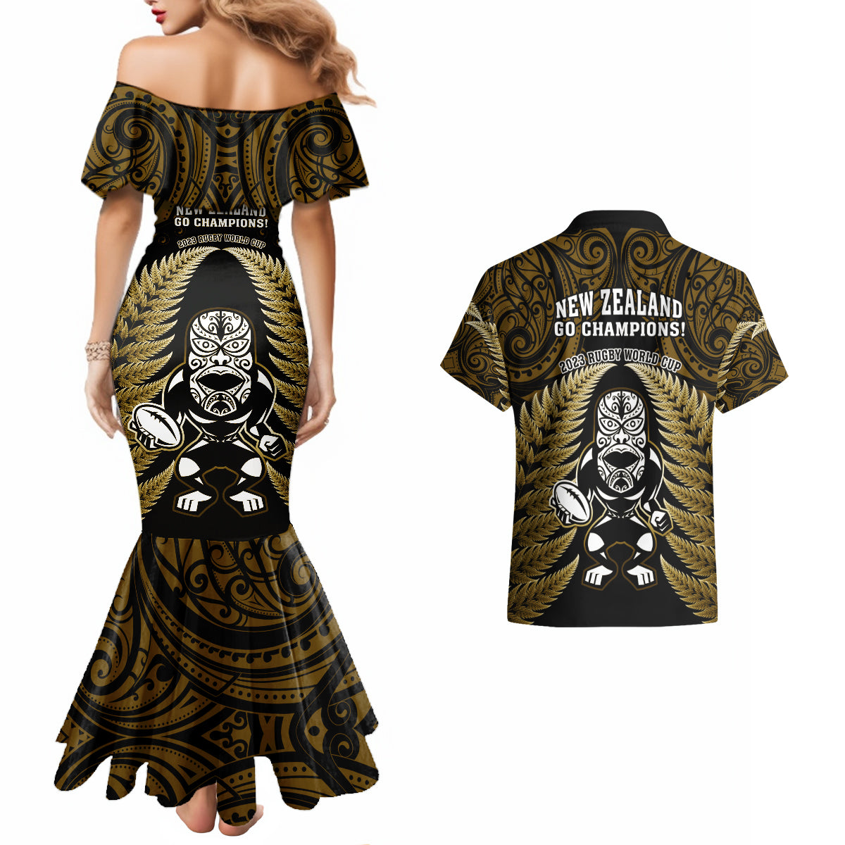 new-zealand-aotearoa-rugby-couples-matching-mermaid-dress-and-hawaiian-shirt-nz-tiki-with-maori-fern-world-cup-gold-version