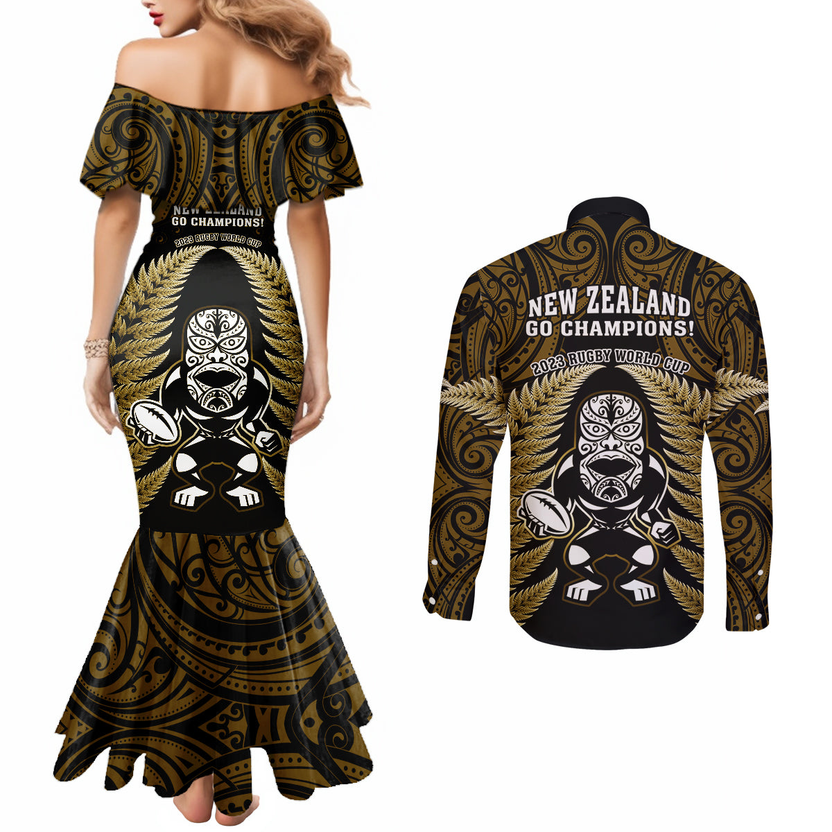 new-zealand-aotearoa-rugby-couples-matching-mermaid-dress-and-long-sleeve-button-shirts-nz-tiki-with-maori-fern-world-cup-gold-version