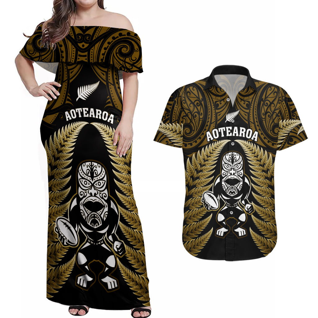 new-zealand-aotearoa-rugby-couples-matching-off-shoulder-maxi-dress-and-hawaiian-shirt-nz-tiki-with-maori-fern-world-cup-gold-version