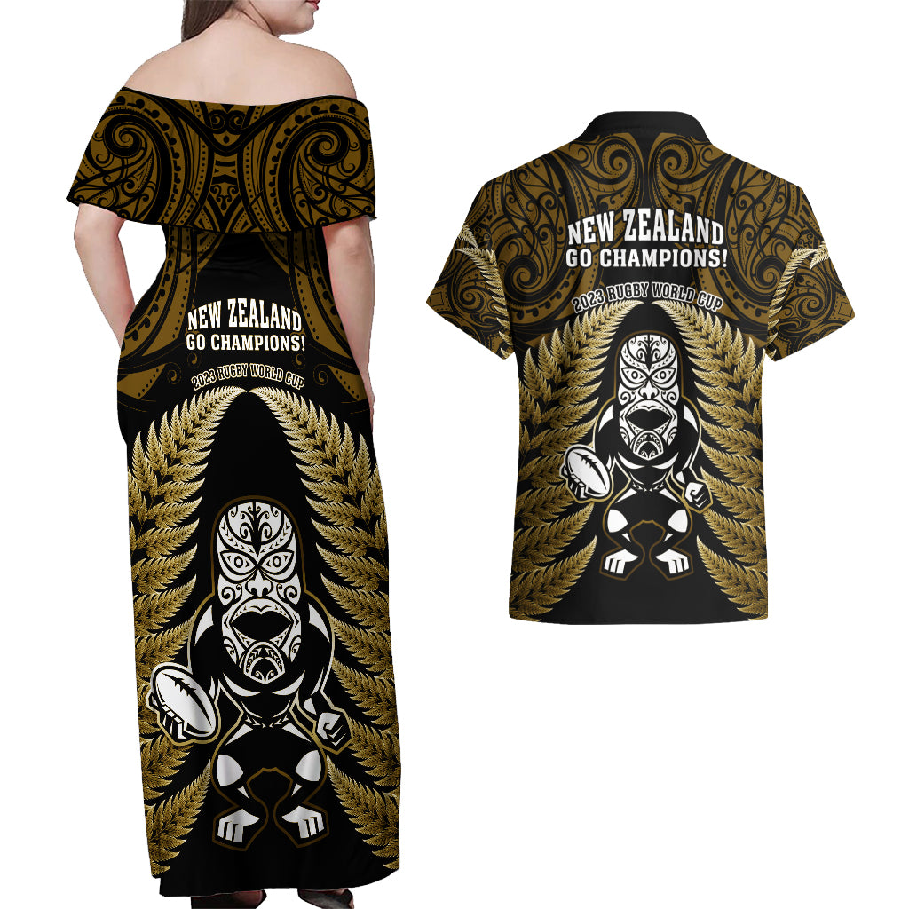 new-zealand-aotearoa-rugby-couples-matching-off-shoulder-maxi-dress-and-hawaiian-shirt-nz-tiki-with-maori-fern-world-cup-gold-version