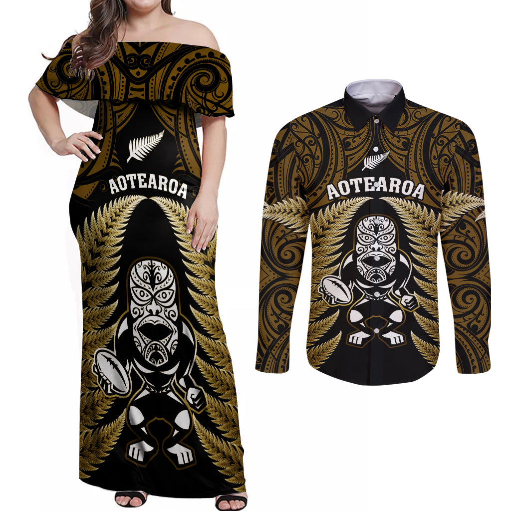 new-zealand-aotearoa-rugby-couples-matching-off-shoulder-maxi-dress-and-long-sleeve-button-shirts-nz-tiki-with-maori-fern-world-cup-gold-version