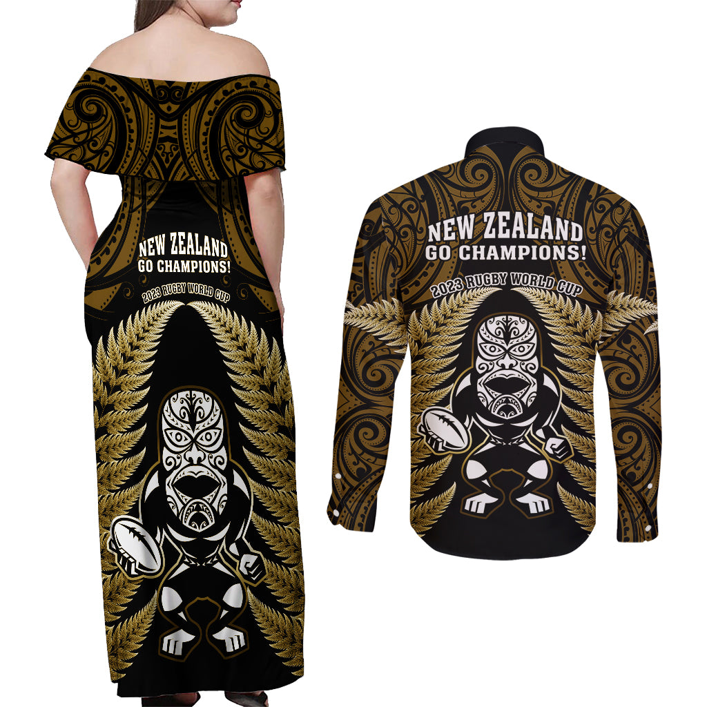 new-zealand-aotearoa-rugby-couples-matching-off-shoulder-maxi-dress-and-long-sleeve-button-shirts-nz-tiki-with-maori-fern-world-cup-gold-version