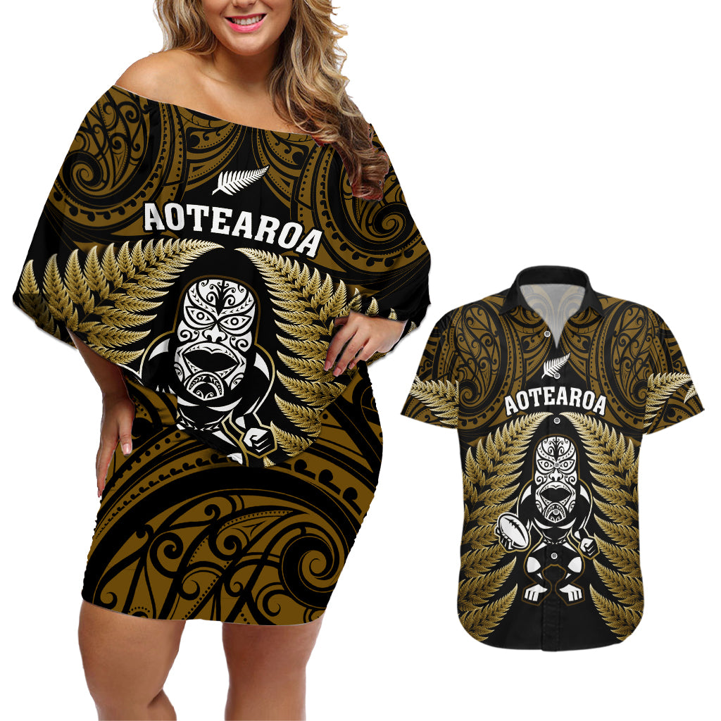 new-zealand-aotearoa-rugby-couples-matching-off-shoulder-short-dress-and-hawaiian-shirt-nz-tiki-with-maori-fern-world-cup-gold-version