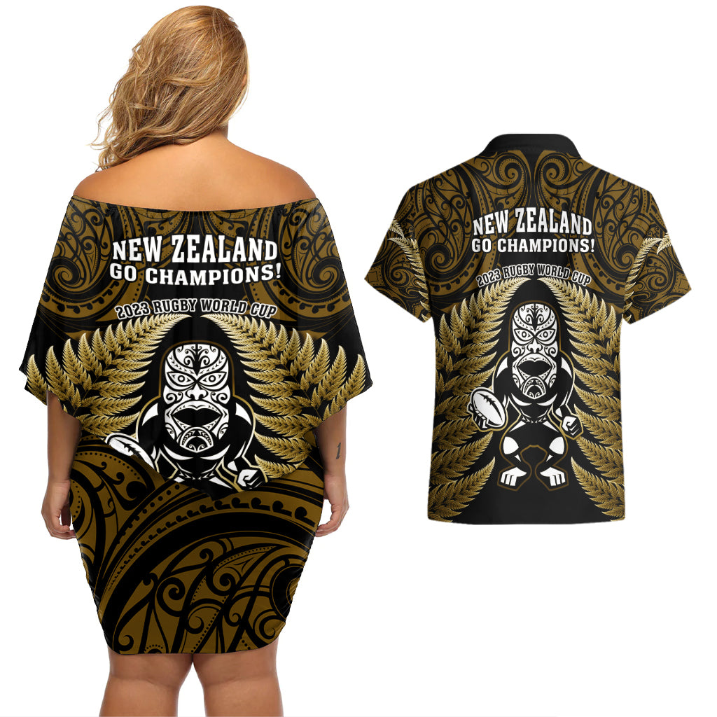 new-zealand-aotearoa-rugby-couples-matching-off-shoulder-short-dress-and-hawaiian-shirt-nz-tiki-with-maori-fern-world-cup-gold-version