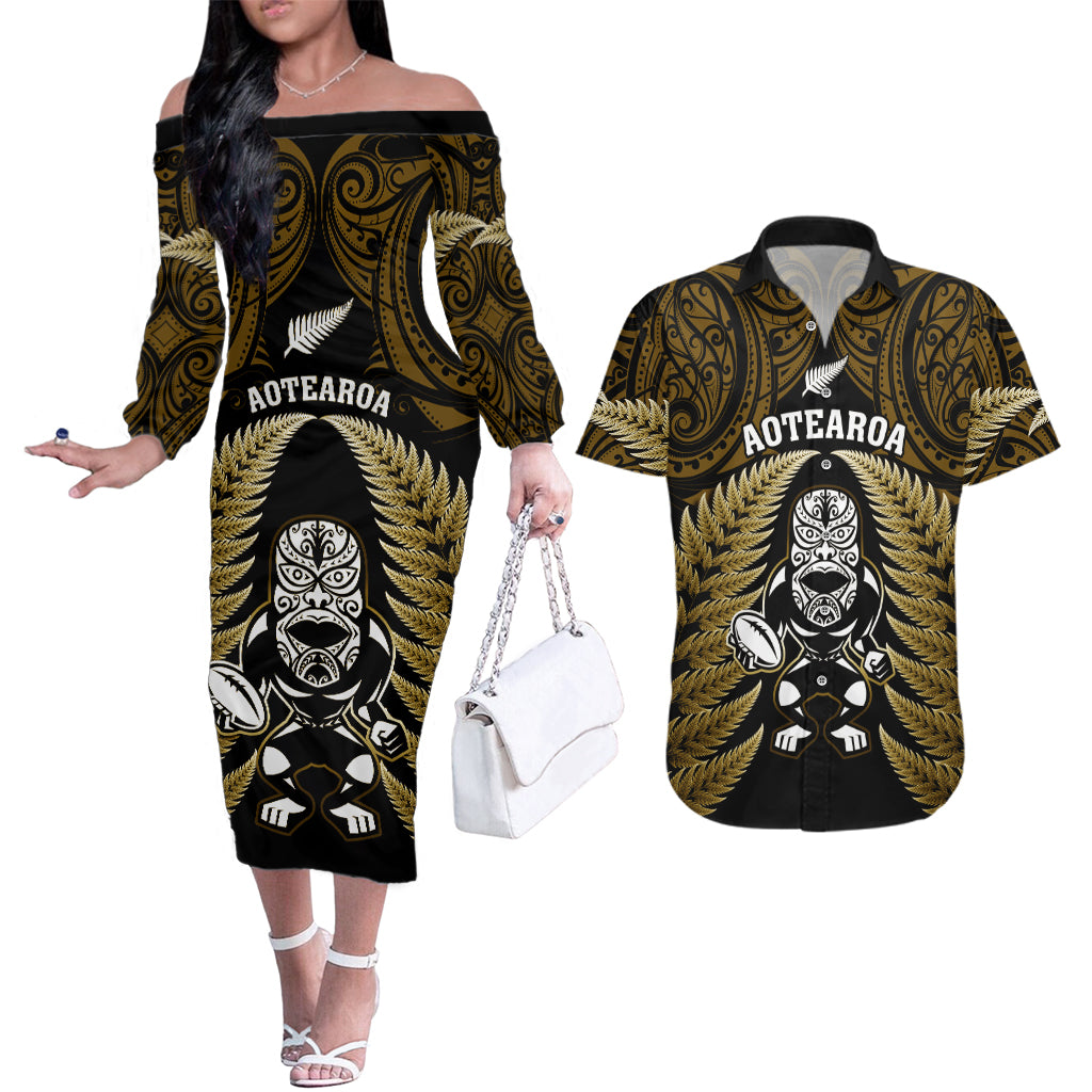 new-zealand-aotearoa-rugby-couples-matching-off-the-shoulder-long-sleeve-dress-and-hawaiian-shirt-nz-tiki-with-maori-fern-world-cup-gold-version