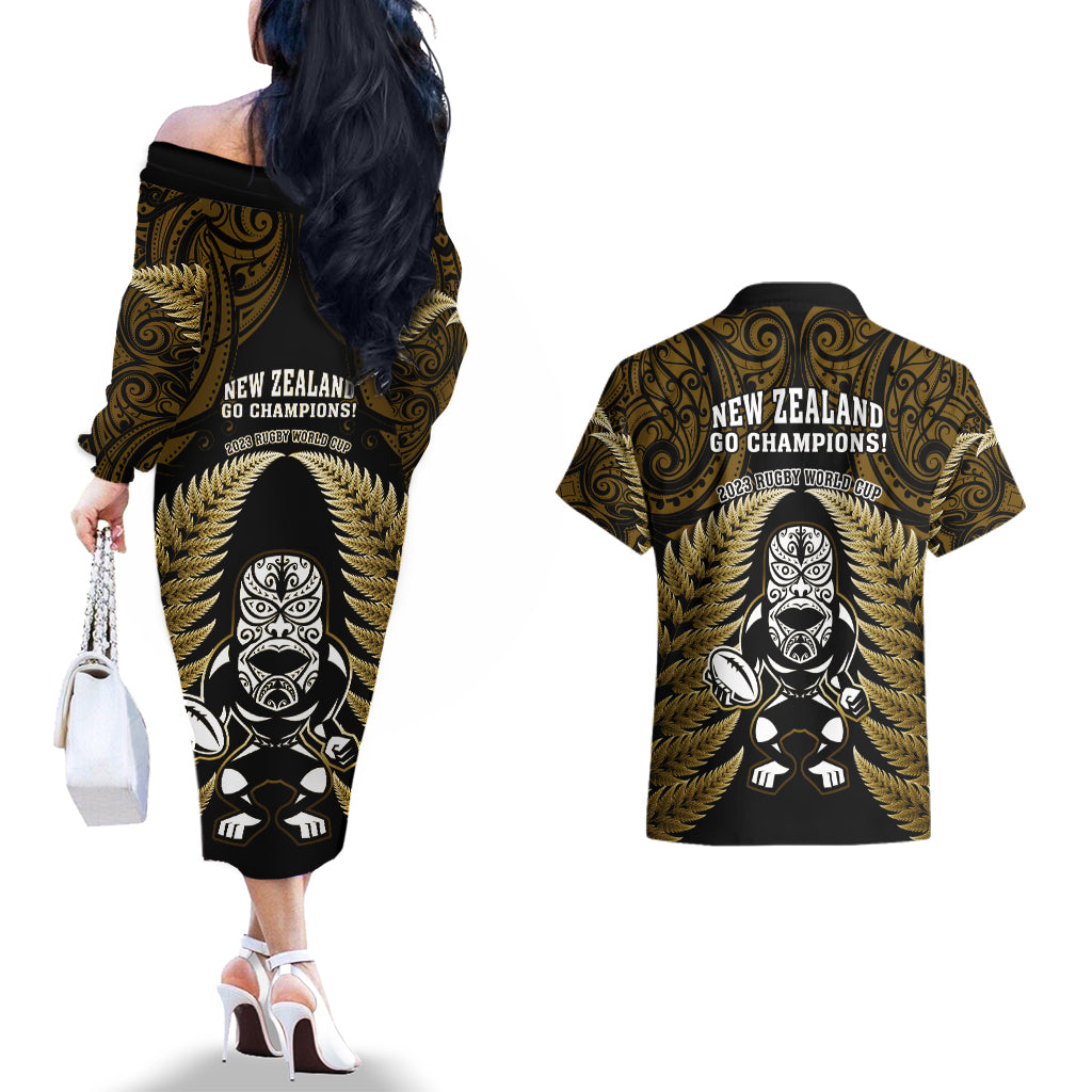 new-zealand-aotearoa-rugby-couples-matching-off-the-shoulder-long-sleeve-dress-and-hawaiian-shirt-nz-tiki-with-maori-fern-world-cup-gold-version