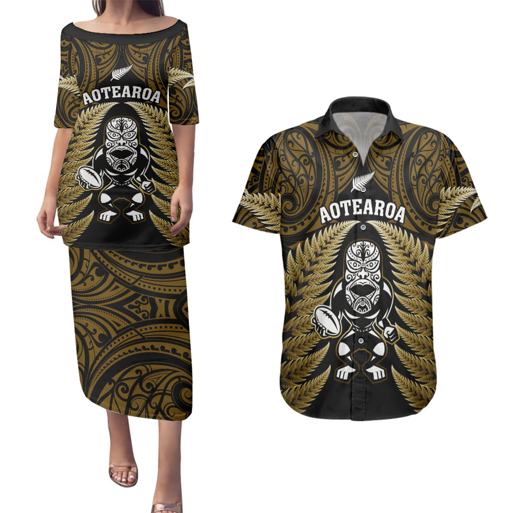 new-zealand-aotearoa-rugby-couples-matching-puletasi-dress-and-hawaiian-shirt-nz-tiki-with-maori-fern-world-cup-gold-version