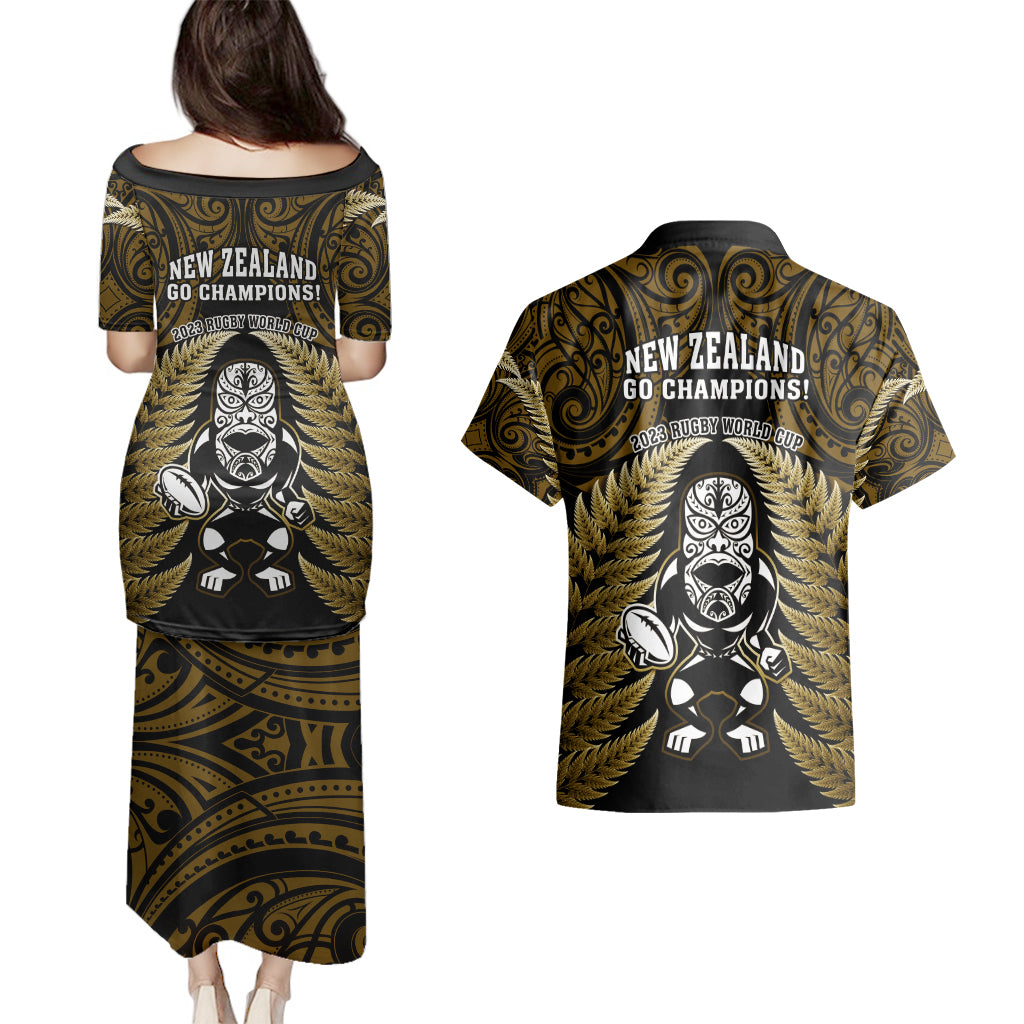 new-zealand-aotearoa-rugby-couples-matching-puletasi-dress-and-hawaiian-shirt-nz-tiki-with-maori-fern-world-cup-gold-version