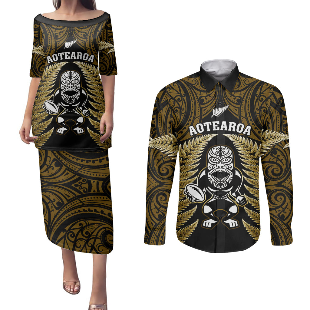 new-zealand-aotearoa-rugby-couples-matching-puletasi-dress-and-long-sleeve-button-shirts-nz-tiki-with-maori-fern-world-cup-gold-version