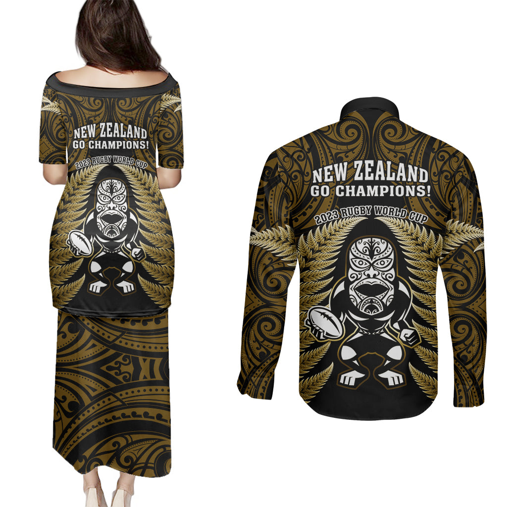 new-zealand-aotearoa-rugby-couples-matching-puletasi-dress-and-long-sleeve-button-shirts-nz-tiki-with-maori-fern-world-cup-gold-version