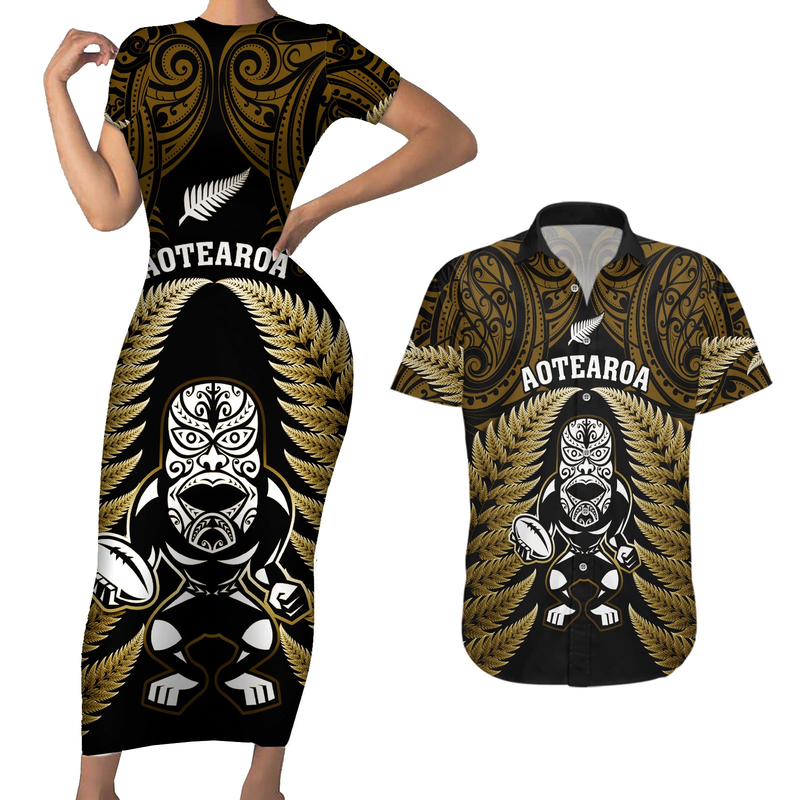 new-zealand-aotearoa-rugby-couples-matching-short-sleeve-bodycon-dress-and-hawaiian-shirt-nz-tiki-with-maori-fern-world-cup-gold-version