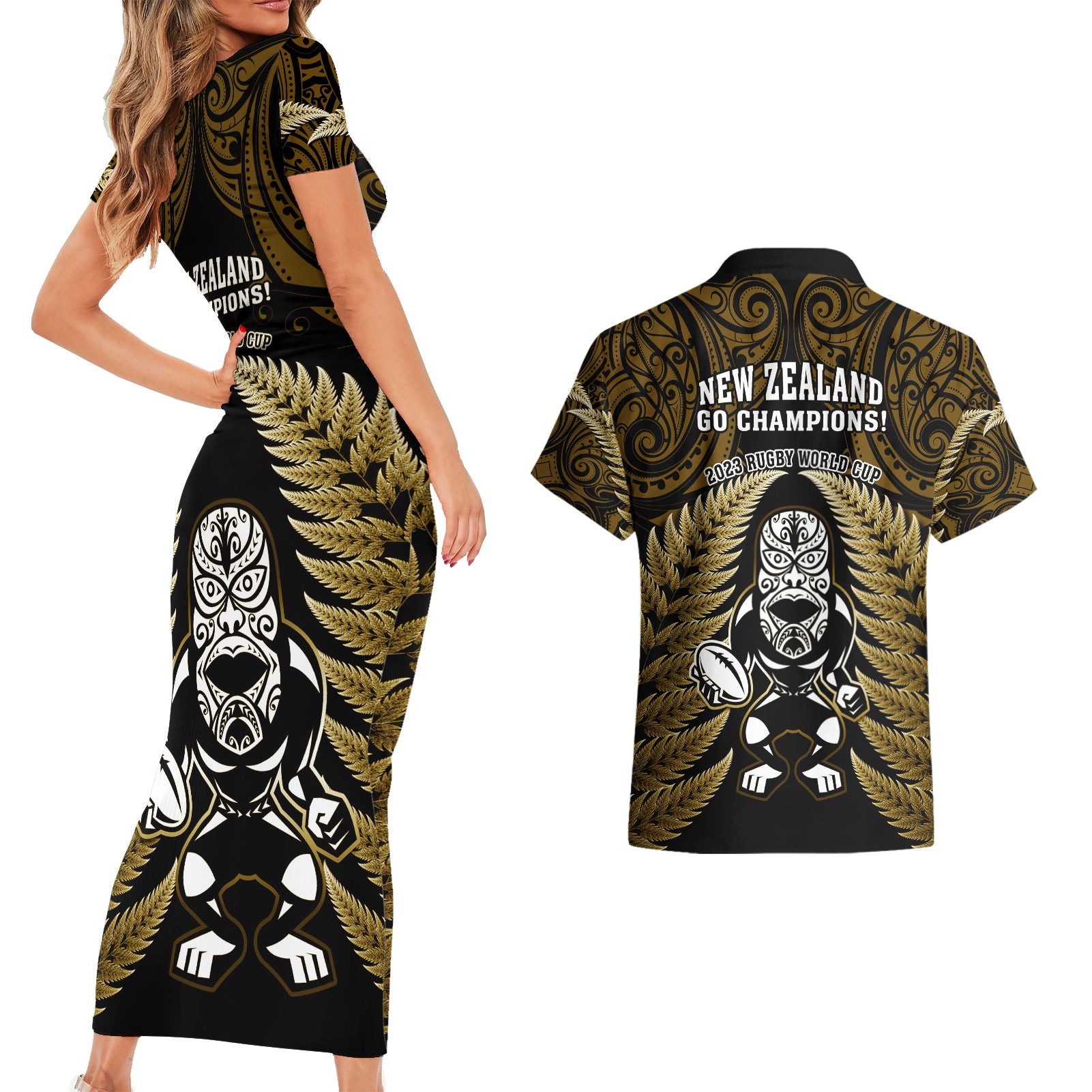 new-zealand-aotearoa-rugby-couples-matching-short-sleeve-bodycon-dress-and-hawaiian-shirt-nz-tiki-with-maori-fern-world-cup-gold-version