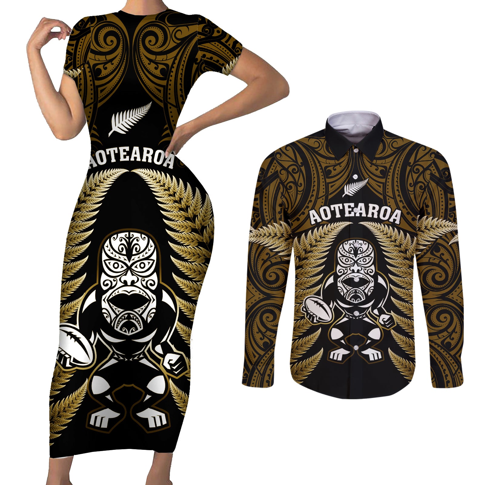 new-zealand-aotearoa-rugby-couples-matching-short-sleeve-bodycon-dress-and-long-sleeve-button-shirts-nz-tiki-with-maori-fern-world-cup-gold-version