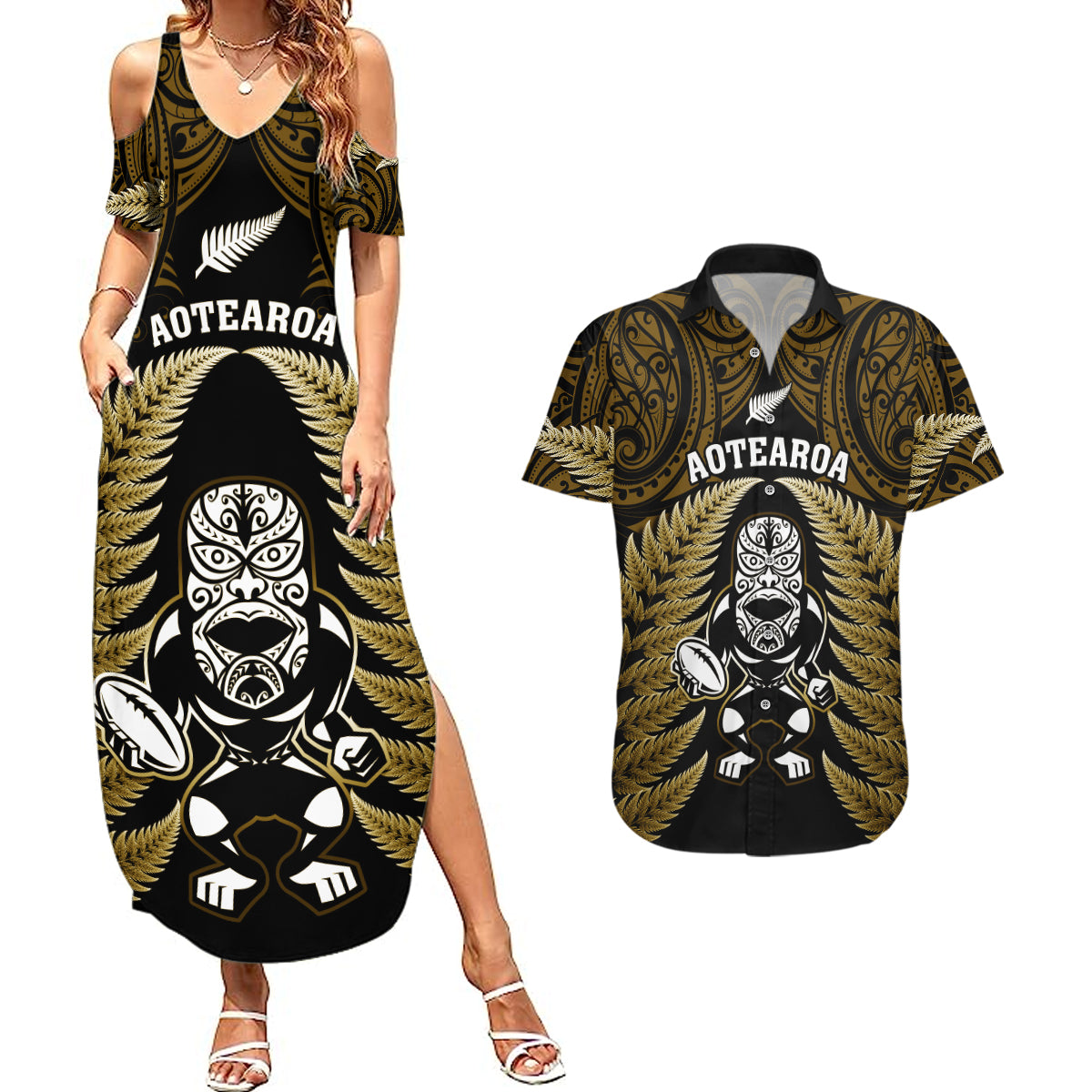 new-zealand-aotearoa-rugby-couples-matching-summer-maxi-dress-and-hawaiian-shirt-nz-tiki-with-maori-fern-world-cup-gold-version