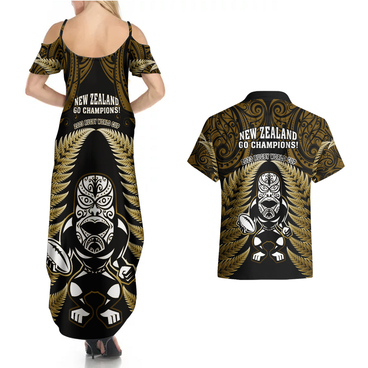 new-zealand-aotearoa-rugby-couples-matching-summer-maxi-dress-and-hawaiian-shirt-nz-tiki-with-maori-fern-world-cup-gold-version