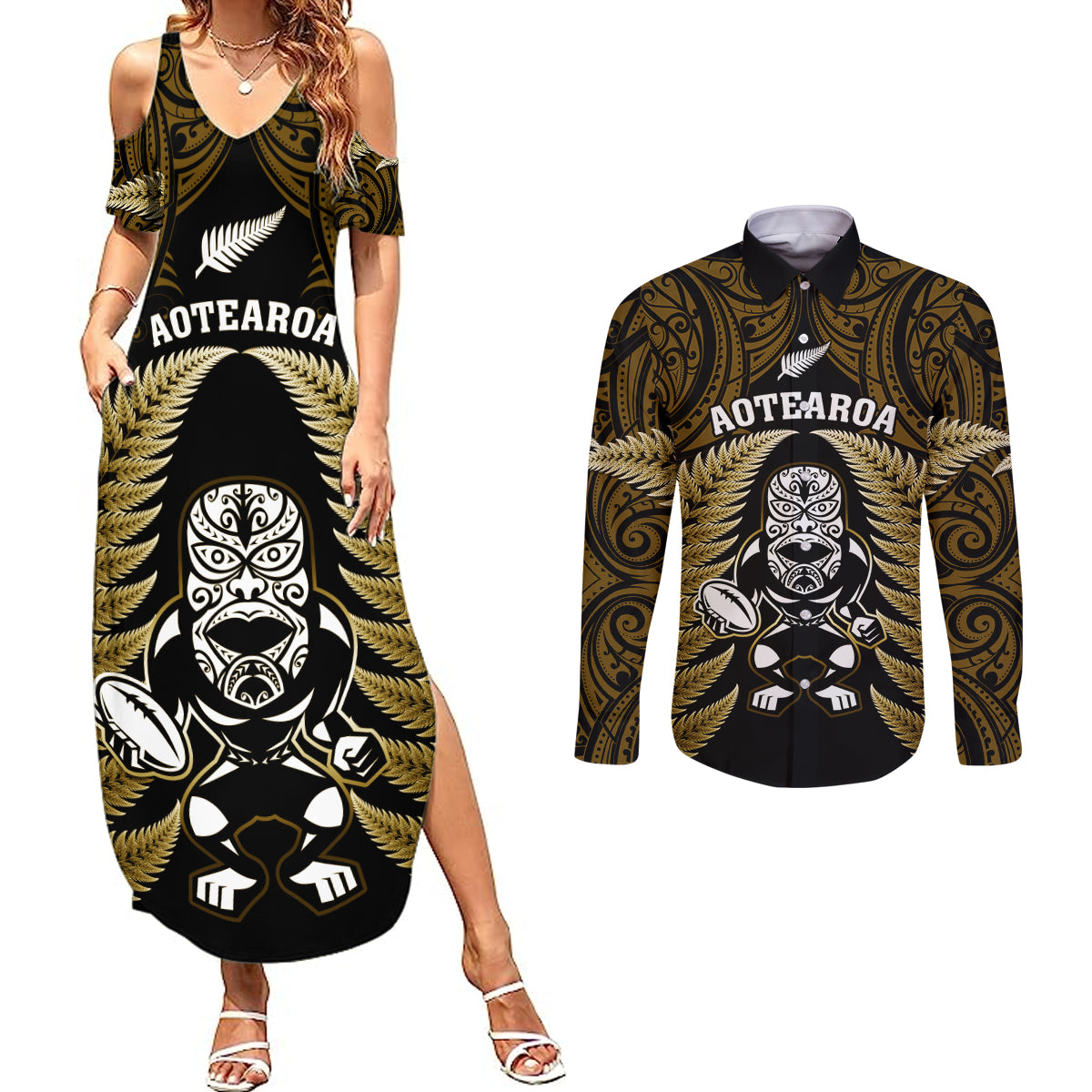 new-zealand-aotearoa-rugby-couples-matching-summer-maxi-dress-and-long-sleeve-button-shirts-nz-tiki-with-maori-fern-world-cup-gold-version