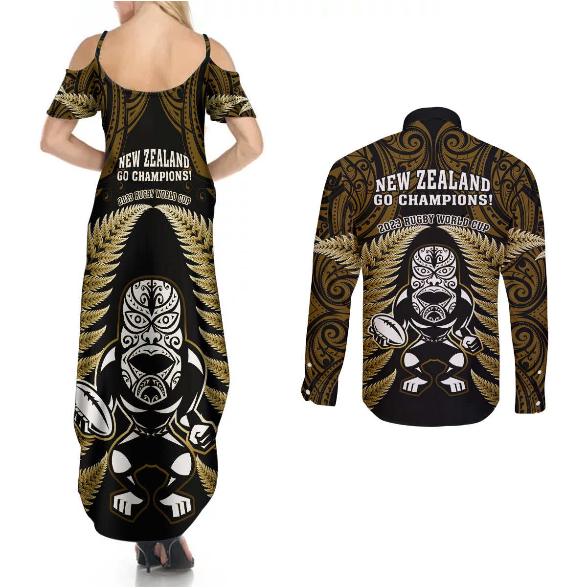 new-zealand-aotearoa-rugby-couples-matching-summer-maxi-dress-and-long-sleeve-button-shirts-nz-tiki-with-maori-fern-world-cup-gold-version