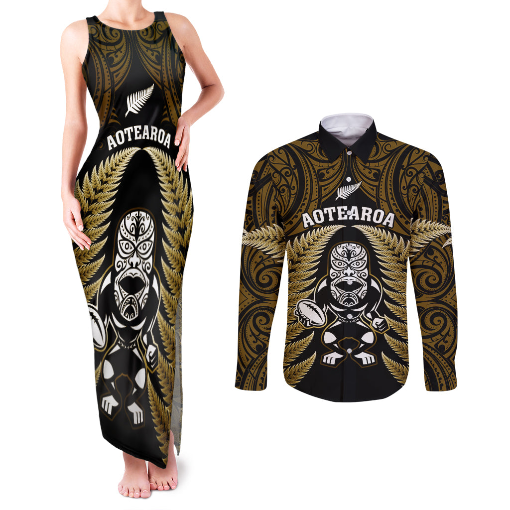 new-zealand-aotearoa-rugby-couples-matching-tank-maxi-dress-and-long-sleeve-button-shirts-nz-tiki-with-maori-fern-world-cup-gold-version