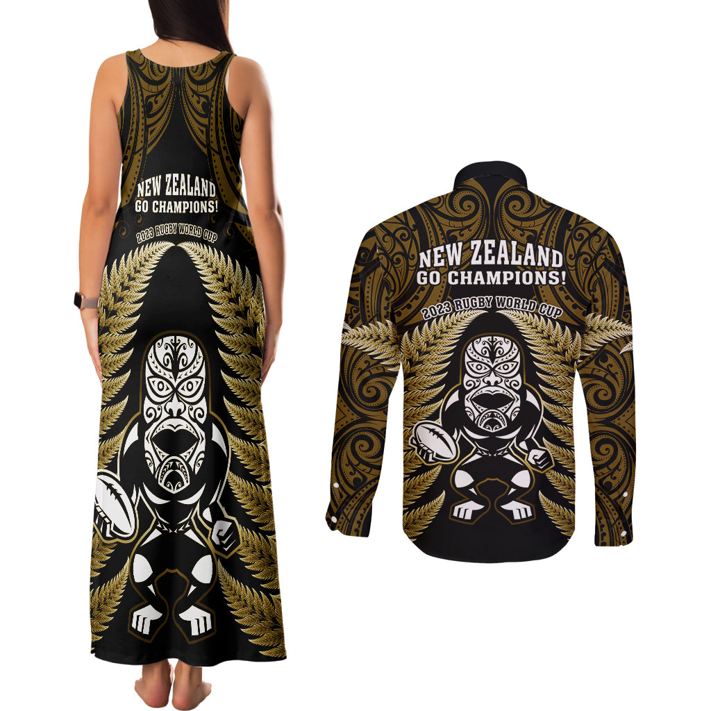 new-zealand-aotearoa-rugby-couples-matching-tank-maxi-dress-and-long-sleeve-button-shirts-nz-tiki-with-maori-fern-world-cup-gold-version
