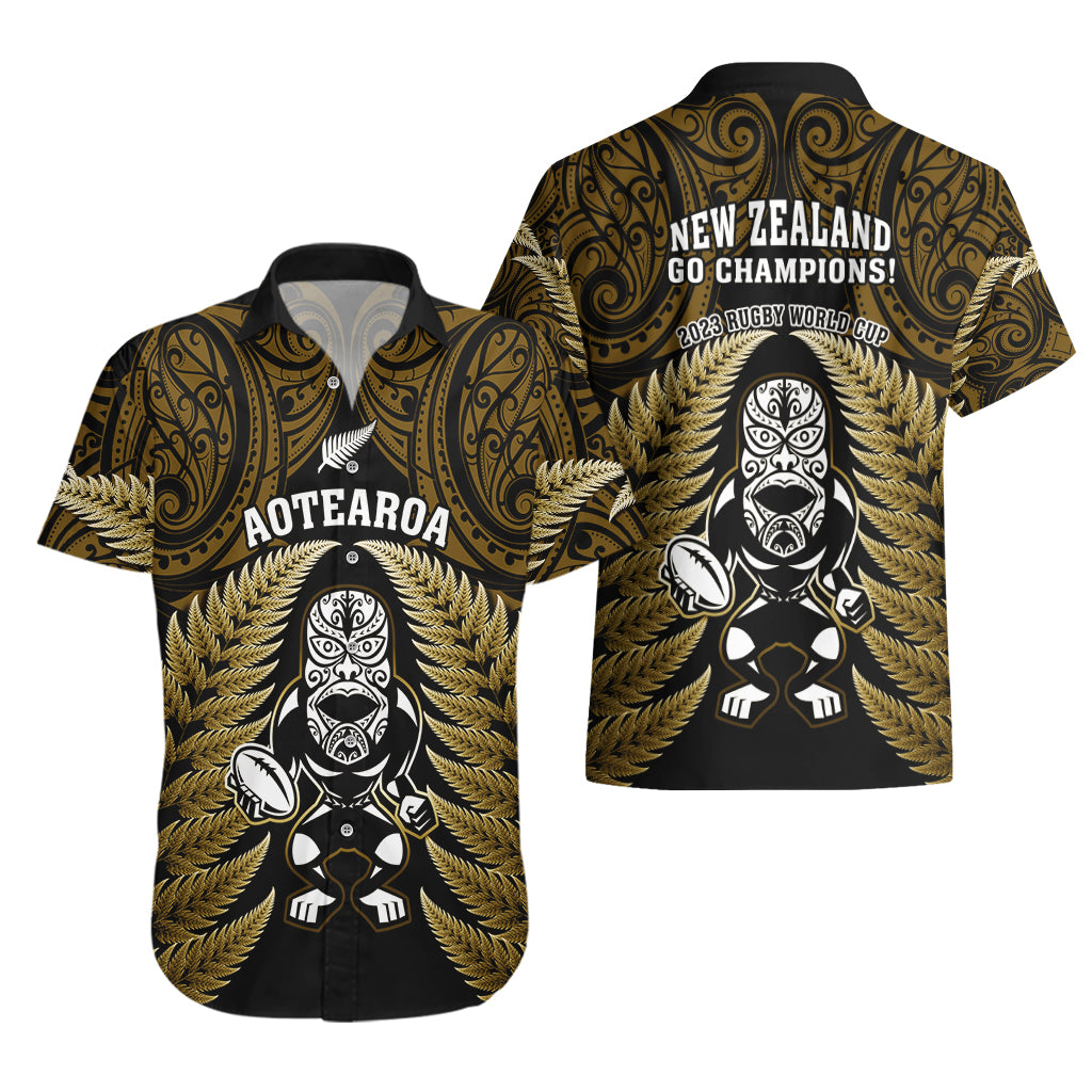 New Zealand Aotearoa Rugby Hawaiian Shirt NZ Tiki With Maori Fern World Cup Gold Version - Vibe Hoodie Shop
