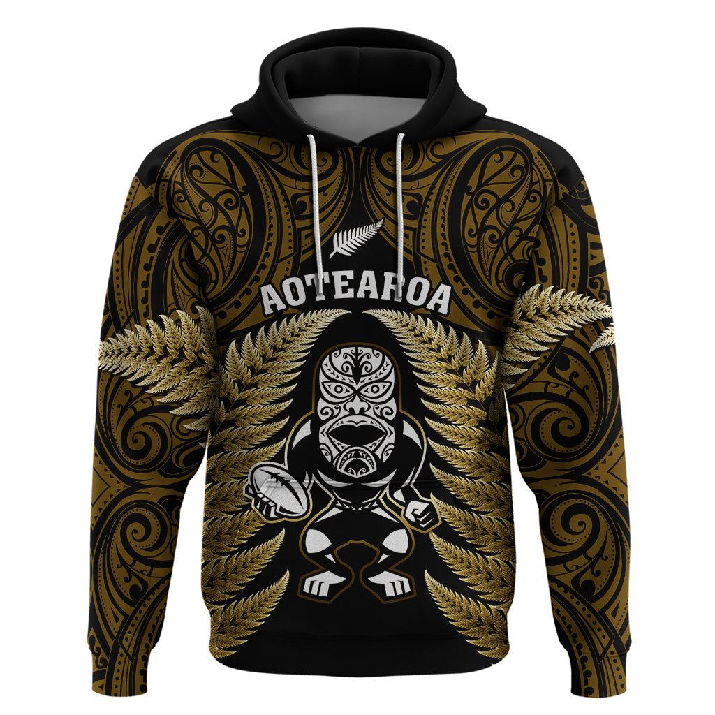 New Zealand Aotearoa Rugby Hoodie NZ Tiki With Maori Fern World Cup Gold Version - Vibe Hoodie Shop