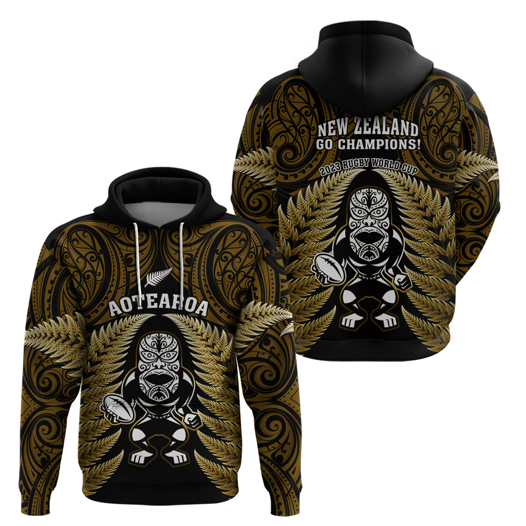 New Zealand Aotearoa Rugby Hoodie NZ Tiki With Maori Fern World Cup Gold Version - Vibe Hoodie Shop