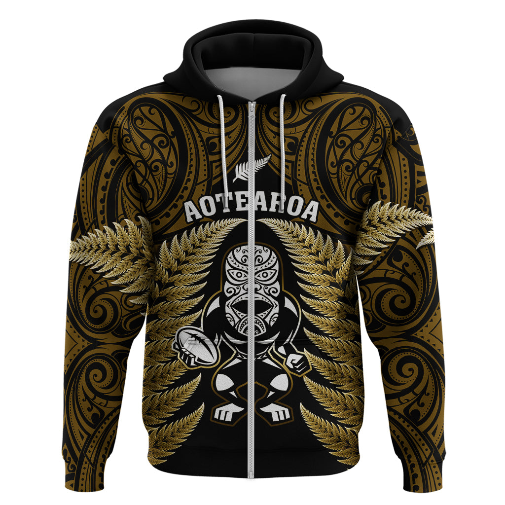 New Zealand Aotearoa Rugby Hoodie NZ Tiki With Maori Fern World Cup Gold Version - Vibe Hoodie Shop