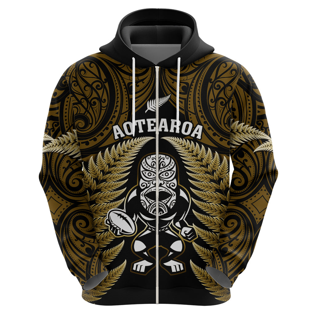 New Zealand Aotearoa Rugby Hoodie NZ Tiki With Maori Fern World Cup Gold Version - Vibe Hoodie Shop