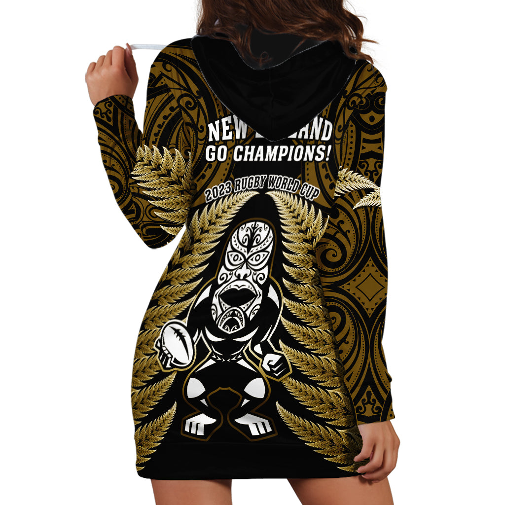 New Zealand Aotearoa Rugby Hoodie Dress NZ Tiki With Maori Fern World Cup Gold Version - Vibe Hoodie Shop