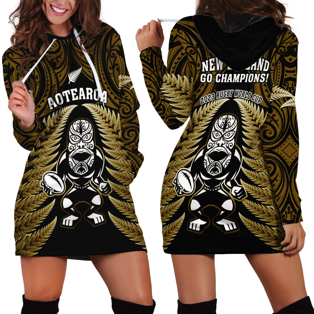 New Zealand Aotearoa Rugby Hoodie Dress NZ Tiki With Maori Fern World Cup Gold Version - Vibe Hoodie Shop