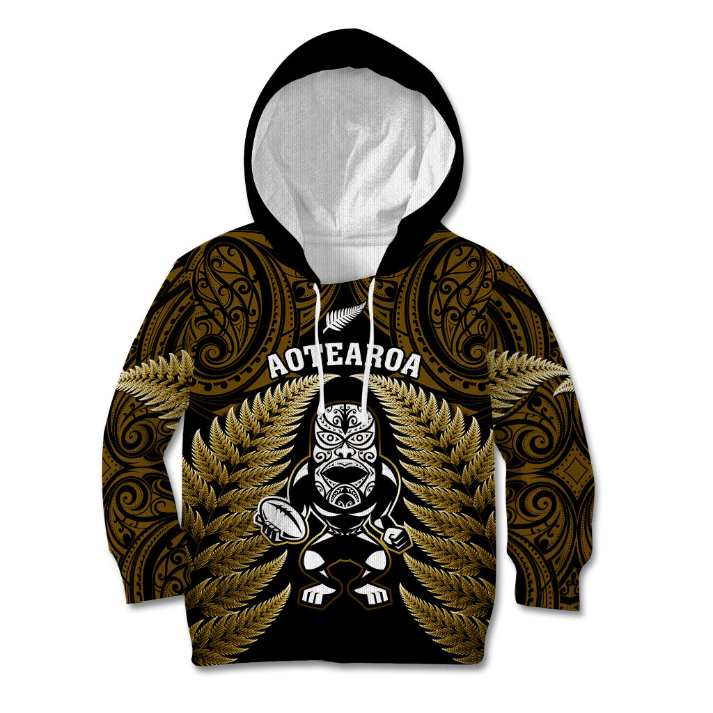 New Zealand Aotearoa Rugby Kid Hoodie NZ Tiki With Maori Fern World Cup Gold Version - Vibe Hoodie Shop