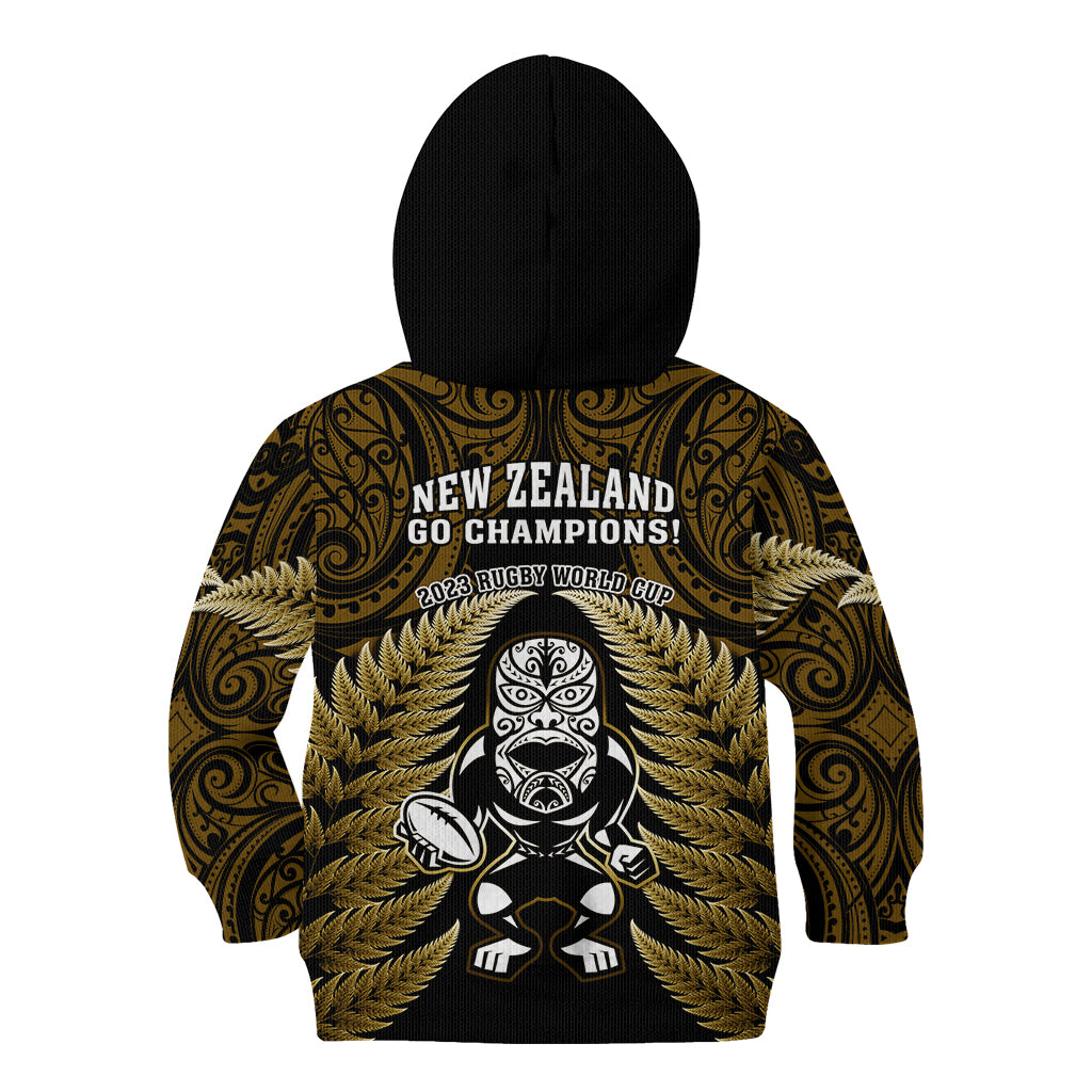 New Zealand Aotearoa Rugby Kid Hoodie NZ Tiki With Maori Fern World Cup Gold Version - Vibe Hoodie Shop
