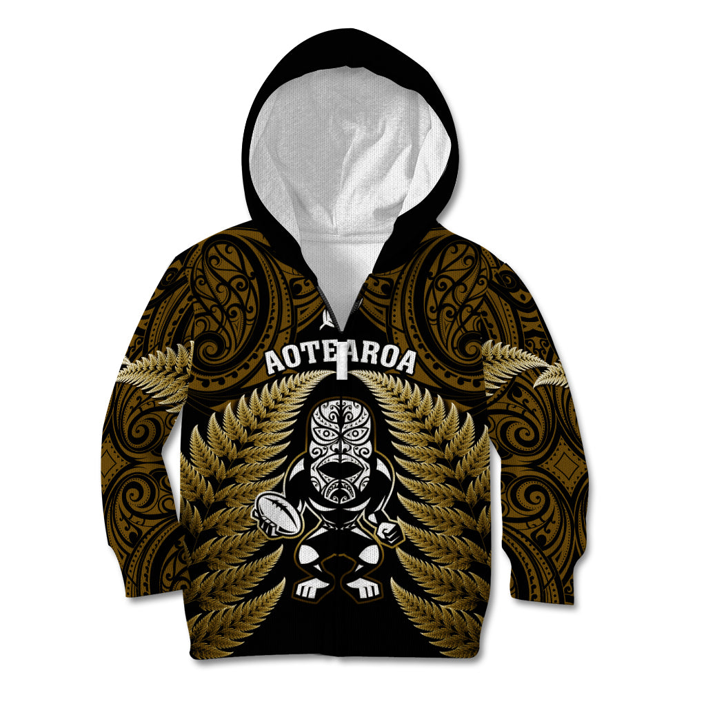 New Zealand Aotearoa Rugby Kid Hoodie NZ Tiki With Maori Fern World Cup Gold Version - Vibe Hoodie Shop