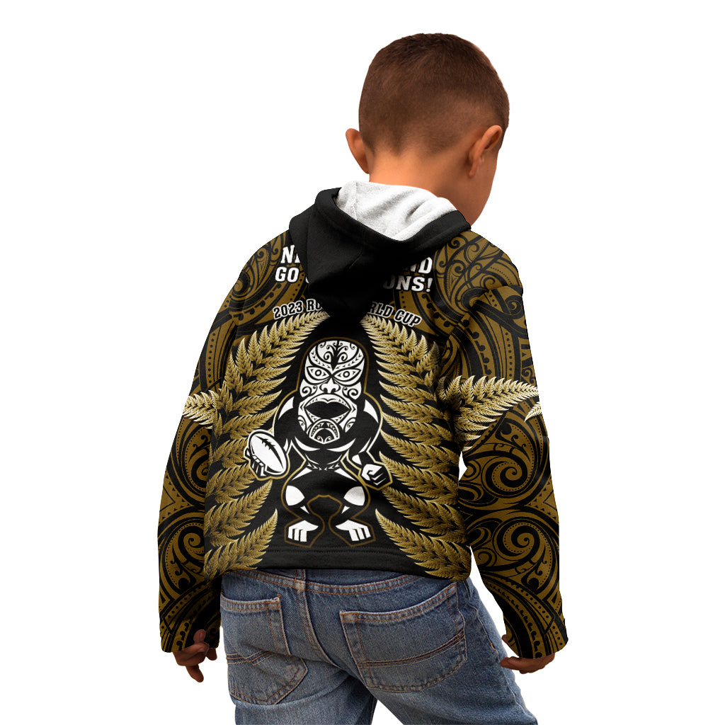 New Zealand Aotearoa Rugby Kid Hoodie NZ Tiki With Maori Fern World Cup Gold Version - Vibe Hoodie Shop