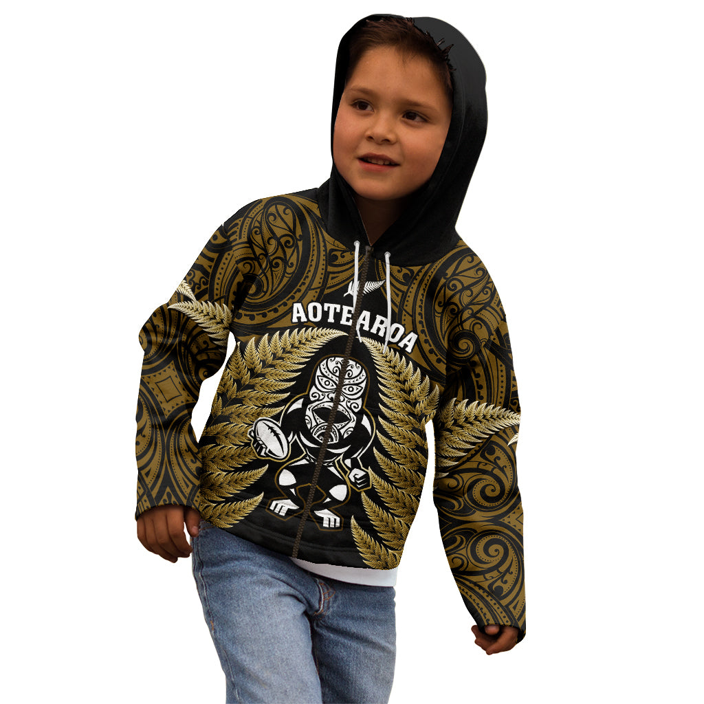 New Zealand Aotearoa Rugby Kid Hoodie NZ Tiki With Maori Fern World Cup Gold Version - Vibe Hoodie Shop