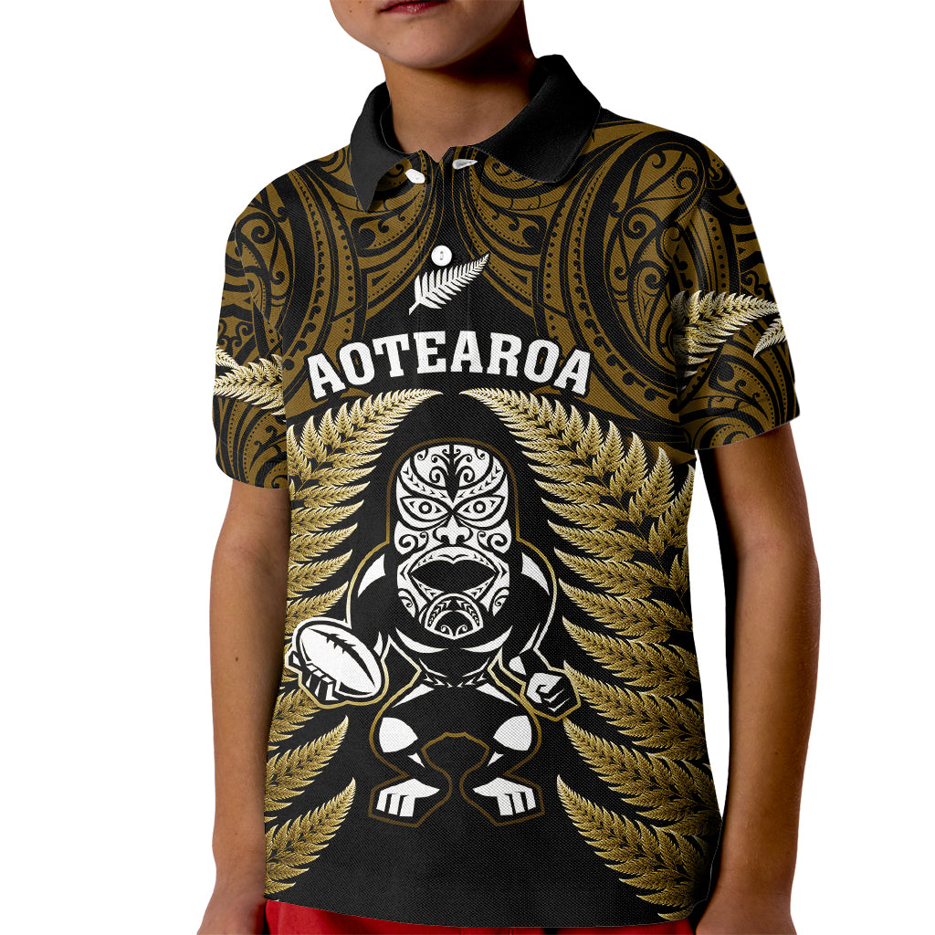 New Zealand Aotearoa Rugby Kid Polo Shirt NZ Tiki With Maori Fern World Cup Gold Version - Vibe Hoodie Shop