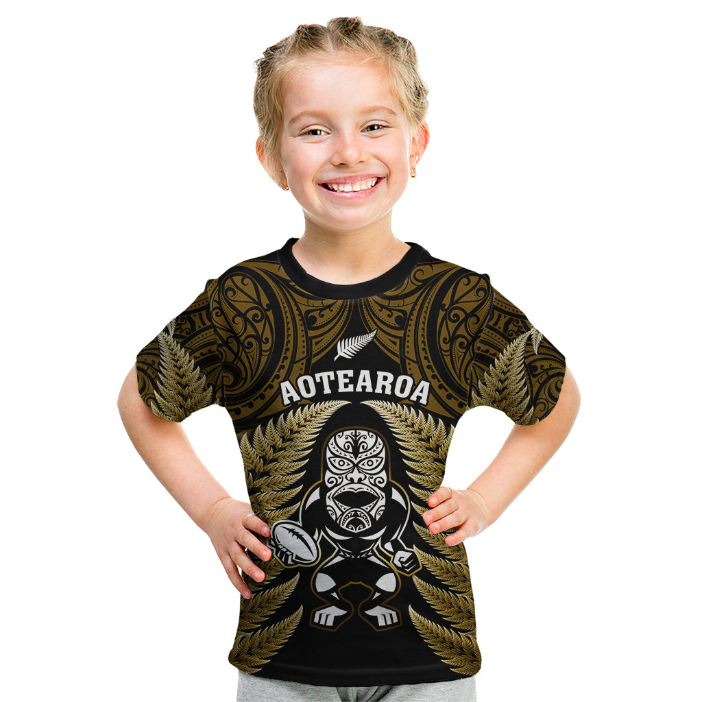 New Zealand Aotearoa Rugby Kid T Shirt NZ Tiki With Maori Fern World Cup Gold Version - Vibe Hoodie Shop