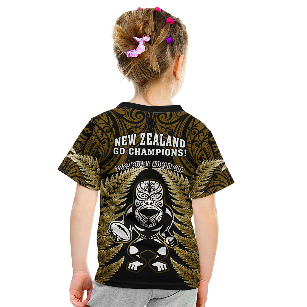 New Zealand Aotearoa Rugby Kid T Shirt NZ Tiki With Maori Fern World Cup Gold Version - Vibe Hoodie Shop