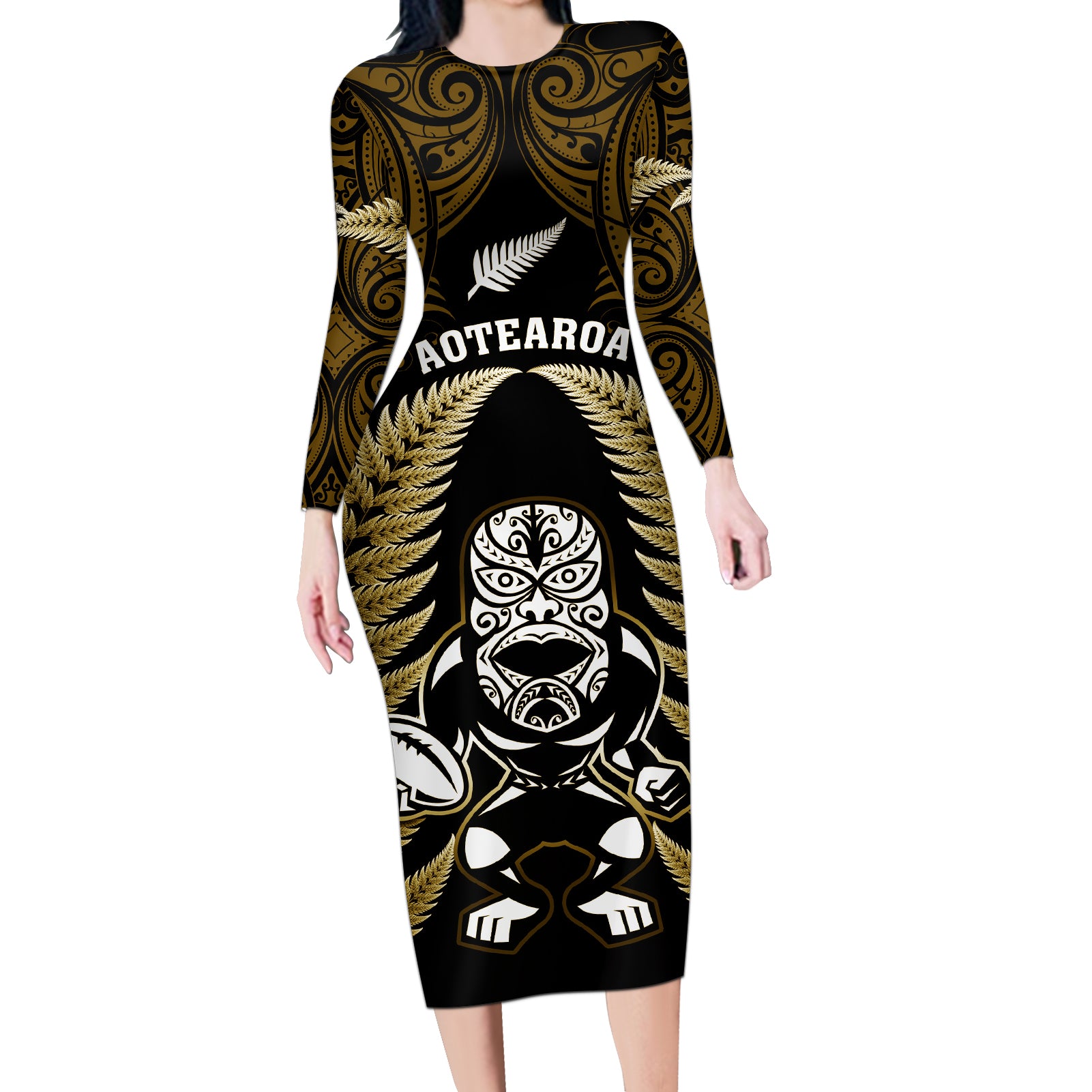 new-zealand-aotearoa-rugby-long-sleeve-bodycon-dress-nz-tiki-with-maori-fern-world-cup-gold-version
